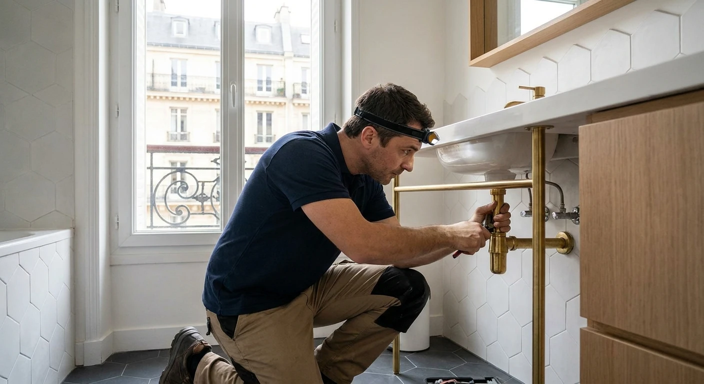 Local technique avec chaudière moderne blanche à affichage numérique, ballon de stockage cylindrique, réseau de canalisations grises et cuivrées avec vannes de régulation